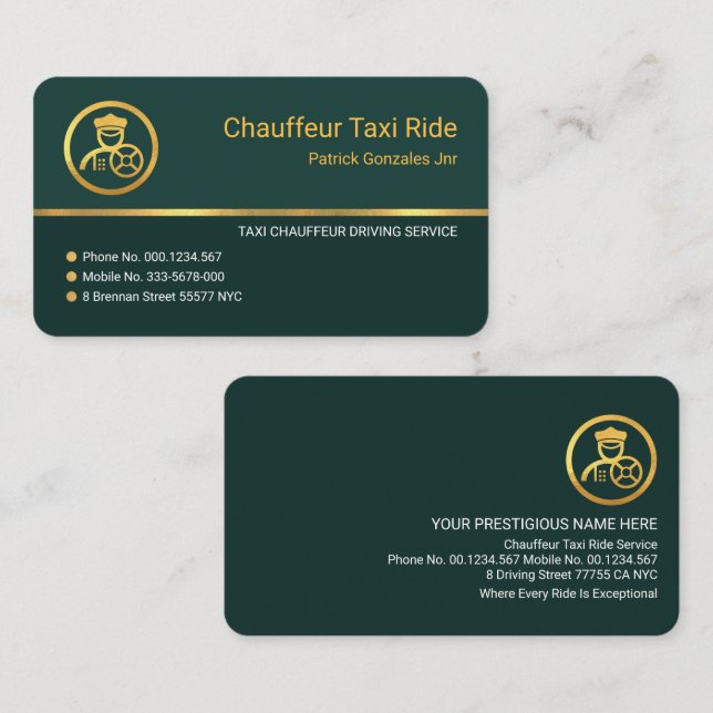 Stylish Emerald Green Gold Line Driving Business Card (Front/Back)