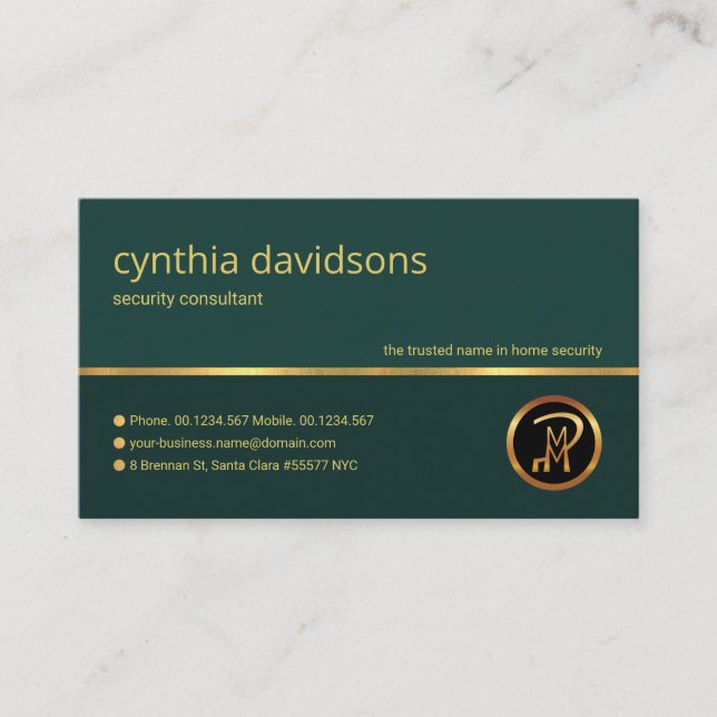Stylish Emerald Green Gold Line Security Guard Business Card (Front)