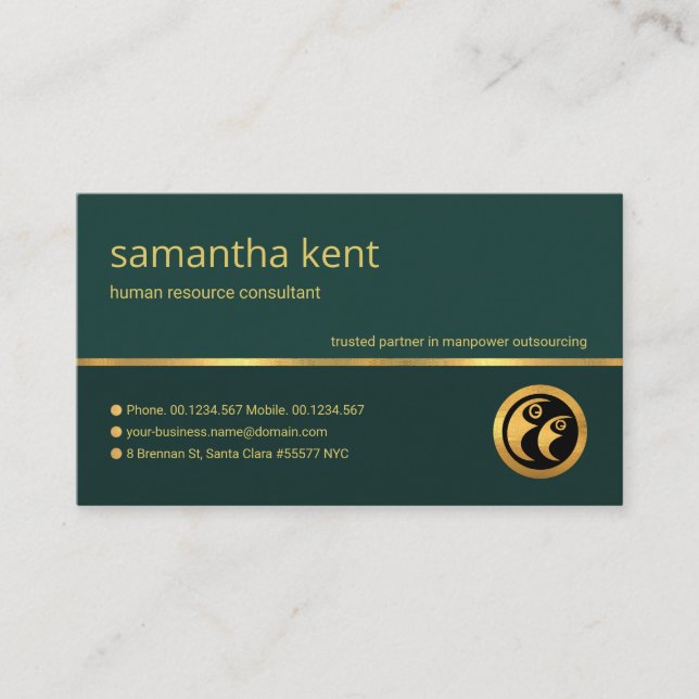 Stylish Emerald Green Gold Manpower Consultant Business Card (Front)