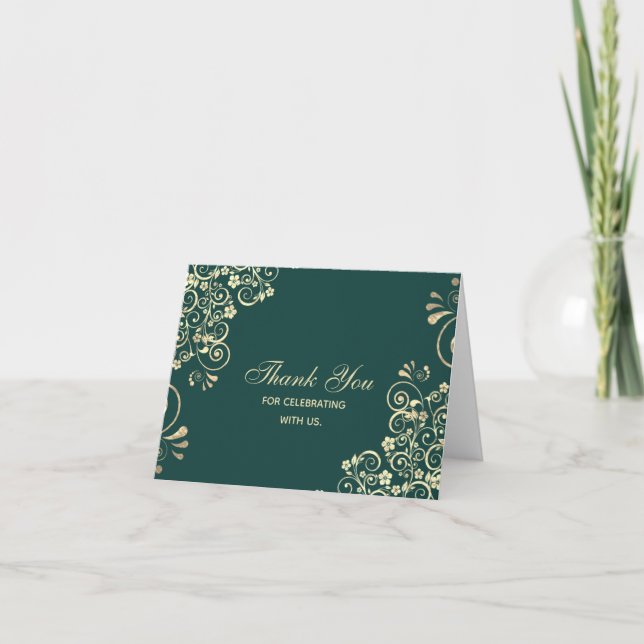 Stylish Emerald Green Gold Swirl Wedding Thank You Card (Front)