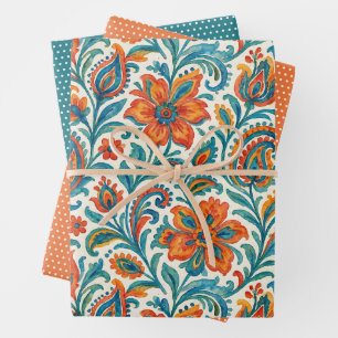 Stylish Ethnic Colorful Paisley Floral Art Pattern Wrapping Paper Sheet