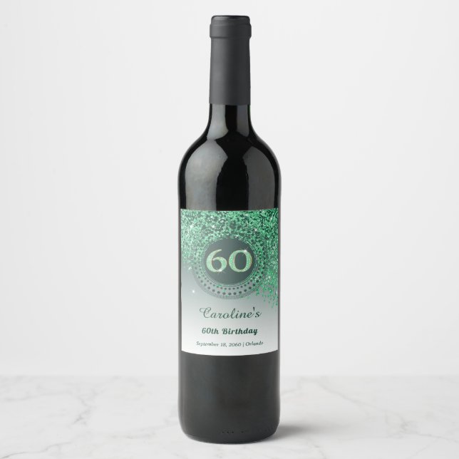Stylish Falling Green Glitter 60th Birthday Wine Label (Front)