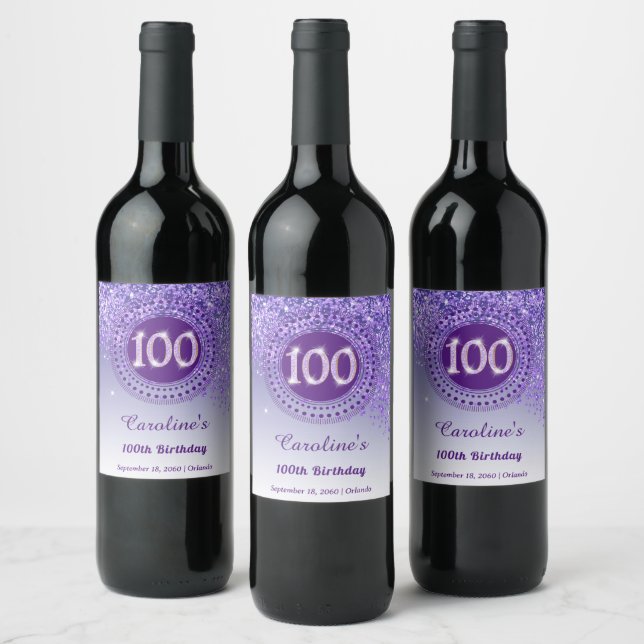 Stylish Falling Purple Glitter 100th Birthday Wine Label (Bottles)