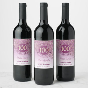 Stylish Falling Rose Gold Glitter 100th Birthday Wine Label
