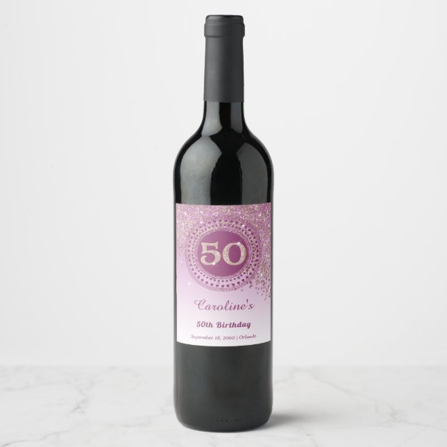 Stylish Falling Rose Gold Glitter 50th Birthday Wine Label (Front)
