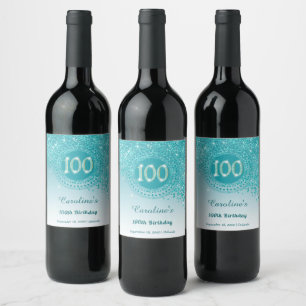 Stylish Falling Teal Blue Glitter 100th Birthday Wine Label