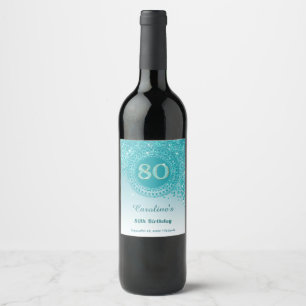 Stylish Falling Teal Blue Glitter 80th Birthday Wine Label