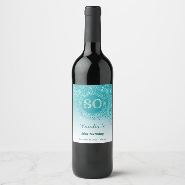Stylish Falling Teal Blue Glitter 80th Birthday Wine Label (Front)