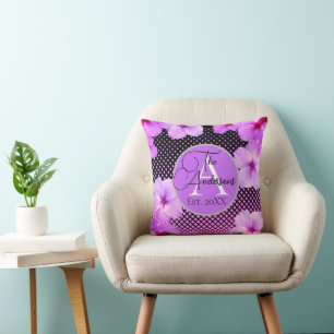 Stylish Family Name Pink Hibiscus  Throw Pillow