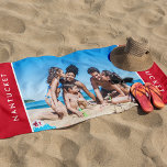 Stylish Family Photo Nautical Seaside Ocean Red Beach Towel<br><div class="desc">Make a splash with this customized photo beach towel. Please personalize with your own family photo and beach town. Background colour can be changed under "customize further". This makes a great gift and family keepsake, plus a fantastic addition to your beach house memorabilia. Find more fun summer gift ideas in...</div>