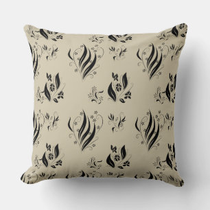 Stylish Fancy Swirly Flowers Pattern on Tan Throw Pillow