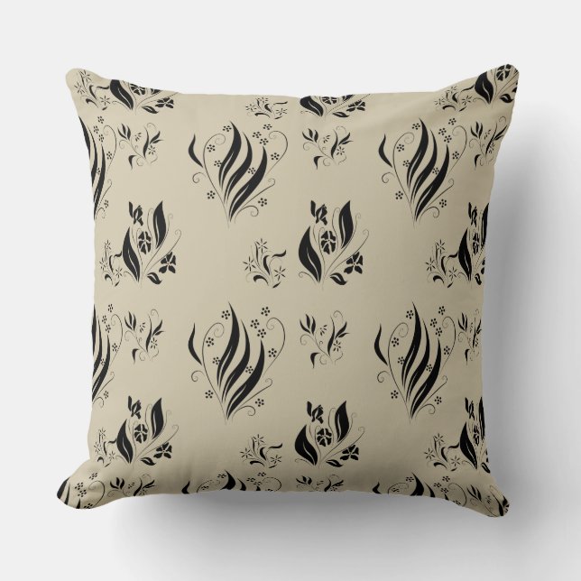 Stylish Fancy Swirly Flowers Pattern on Tan Throw Pillow (Front)