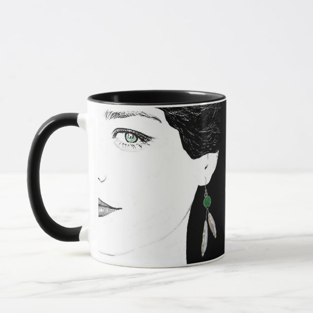 Stylish fashion illustration floral boho girl face mug (Left)