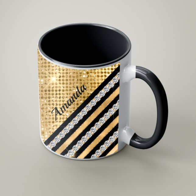 Stylish faux Crystal and Gold glitter Personalised Coffee Mug (Creator Uploaded)