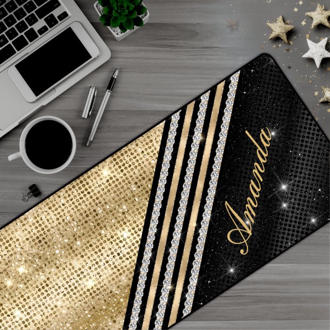Stylish faux Crystal Gold And black faux glitter  Desk Mat (Creator Uploaded)