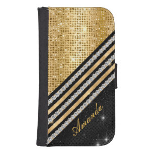 Stylish faux Crystal Gold And black Personalised Samsung S4 Wallet Case