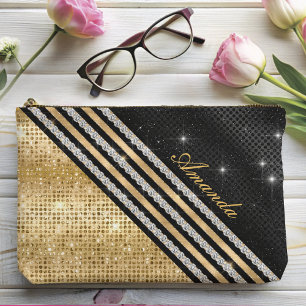 Stylish faux Crystal Gold And black Personalized Accessory Pouch
