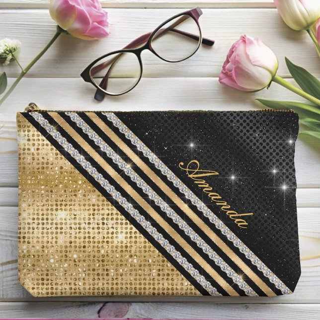 Stylish faux Crystal Gold And black Personalized Accessory Pouch (Creator Uploaded)