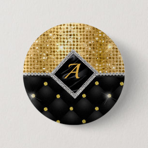 Stylish faux Crystal Gold black diamond monogram 2 Inch Round Button