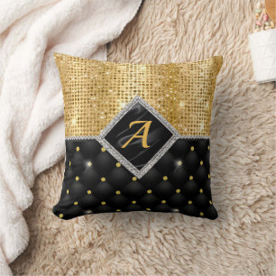 Stylish faux Crystal Gold black diamond monogram Throw Pillow