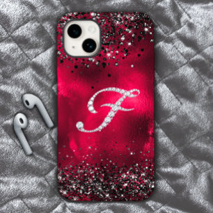 Stylish faux Crystal rhinestone letter F red black iPhone 15 Case