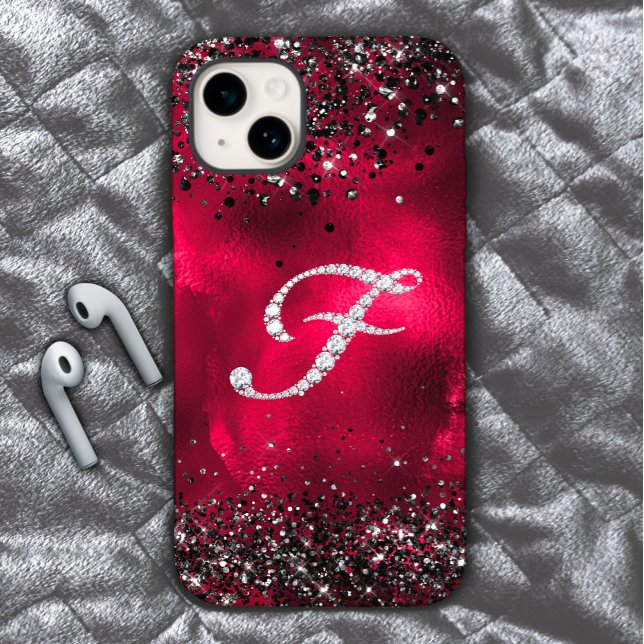 Stylish faux Crystal rhinestone letter F red black Case-Mate iPhone Case (Creator Uploaded)
