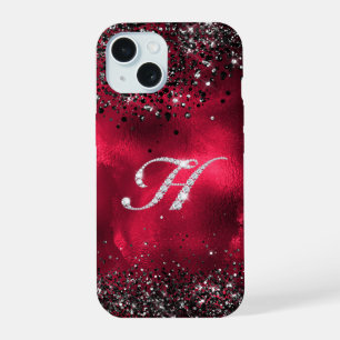 Stylish faux Crystal rhinestone letter H red black iPhone 15 Case