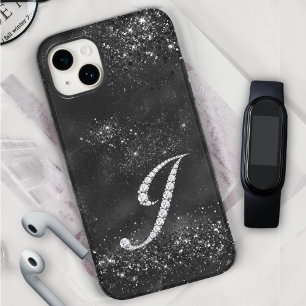 Stylish faux Crystal rhinestone letter J black iPhone 15 Case