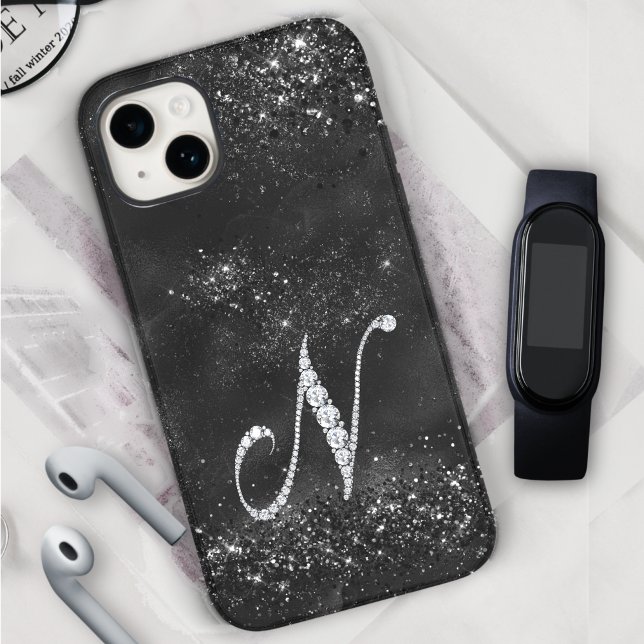 Stylish faux Crystal rhinestone letter N black Case-Mate iPhone Case (Creator Uploaded)