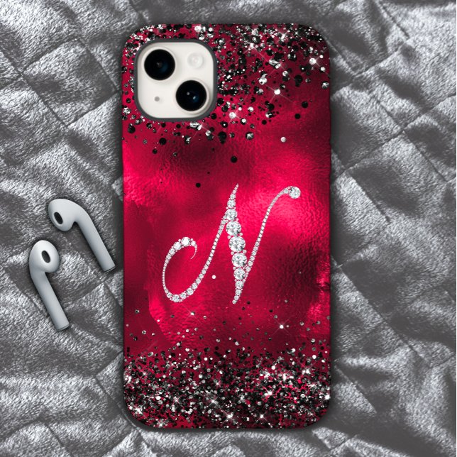 Stylish faux Crystal rhinestone letter N red black Case-Mate iPhone Case (Creator Uploaded)