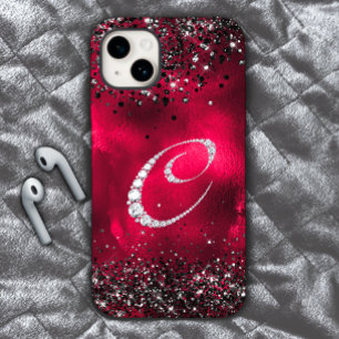 Stylish faux Crystal rhinestone letter O red black iPhone 15 Case