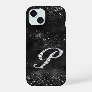 Stylish faux Crystal rhinestone letter P black iPhone 15 Case