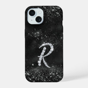 Stylish faux Crystal rhinestone letter R black iPhone 15 Case
