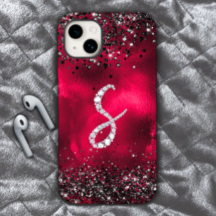 Stylish faux Crystal rhinestone letter S red black iPhone 15 Case