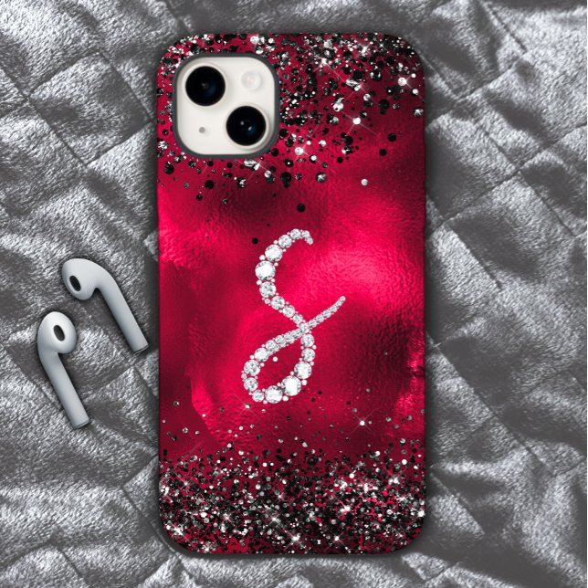 Stylish faux Crystal rhinestone letter S red black Case-Mate iPhone Case (Creator Uploaded)