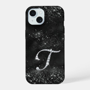 Stylish faux Crystal rhinestone letter T black iPhone 15 Case