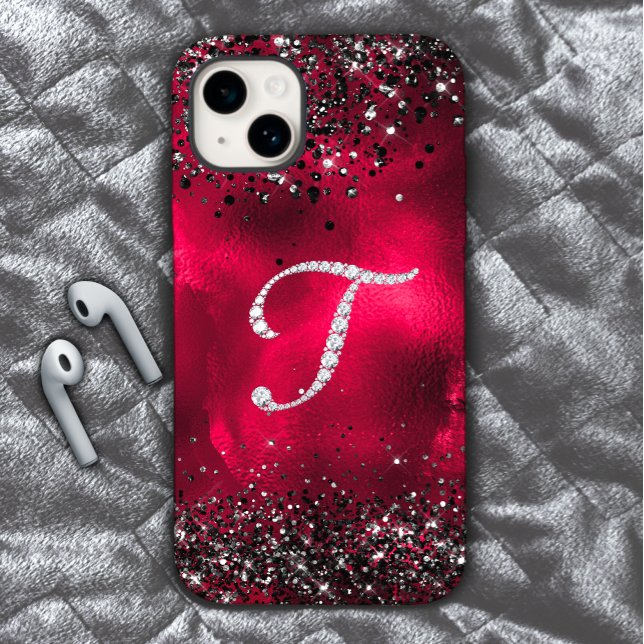 Stylish faux Crystal rhinestone letter T red black Case-Mate iPhone Case (Creator Uploaded)