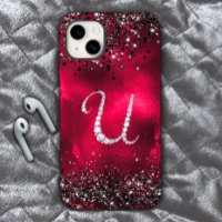 Stylish faux Crystal rhinestone letter U red black