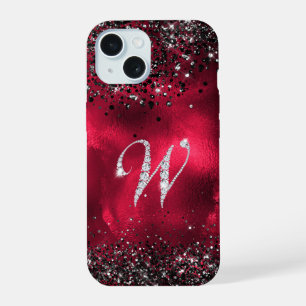 Stylish faux Crystal rhinestone letter W red black iPhone 15 Case