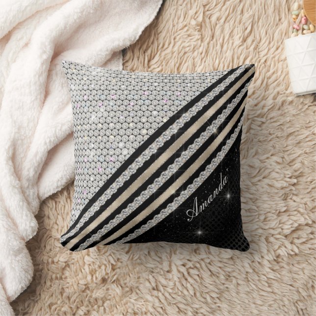 Stylish faux Crystal silver and black Personalised Throw Pillow (Blanket)