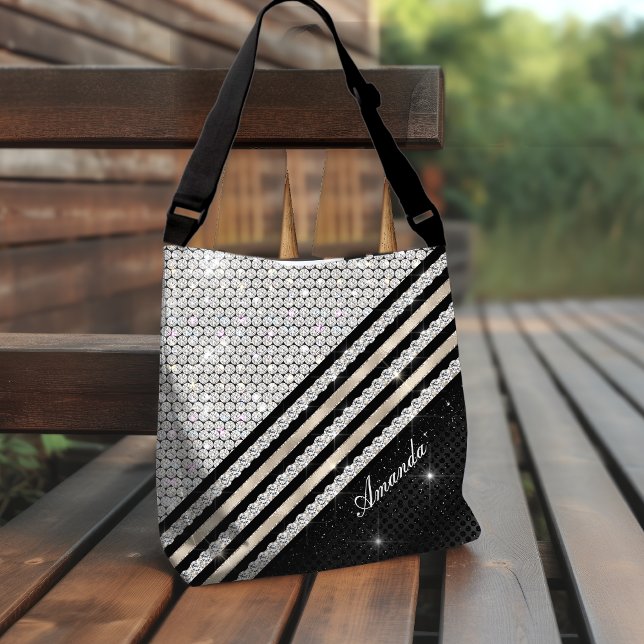 Stylish faux Crystal silver and black Personalised Tote Bag (Creator Uploaded)