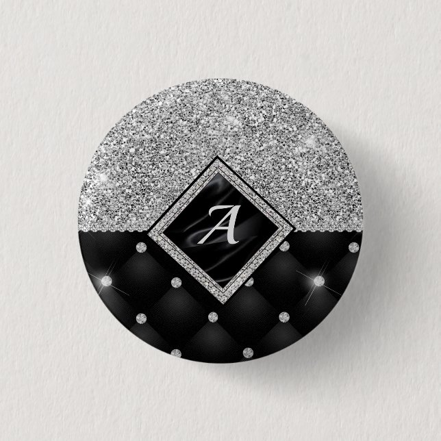 Stylish faux Crystal Silver black diamond monogram 1 Inch Round Button (Front)