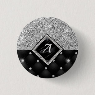 Stylish faux Crystal Silver black diamond monogram 1 Inch Round Button