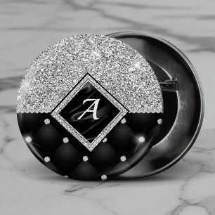 Stylish faux Crystal Silver black diamond monogram 1 Inch Round Button
