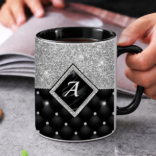 Stylish faux Crystal Silver black diamond monogram Coffee Mug