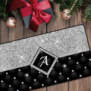 Stylish faux Crystal Silver black diamond monogram Desk Mat