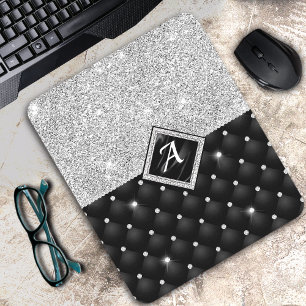 Stylish faux Crystal Silver black diamond monogram Mouse Pad