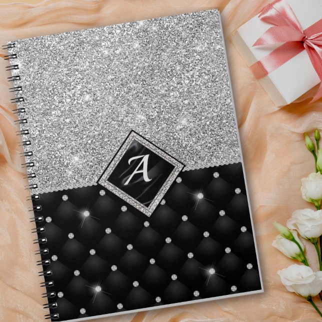 Stylish faux Crystal Silver black diamond monogram Notebook (Creator Uploaded)