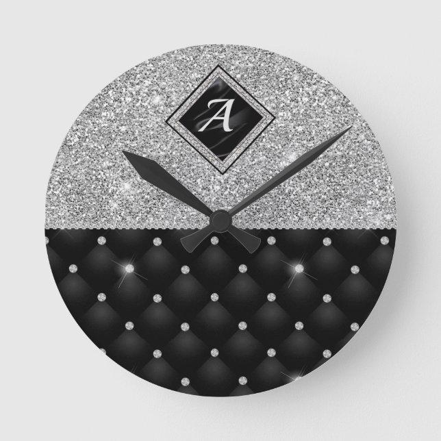 Stylish faux Crystal Silver black diamond monogram Round Clock (Front)