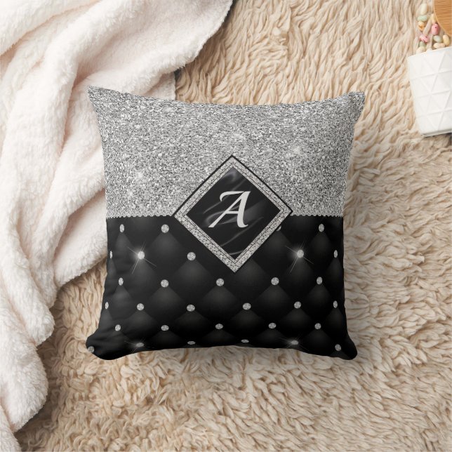 Stylish faux Crystal Silver black diamond monogram Throw Pillow (Blanket)